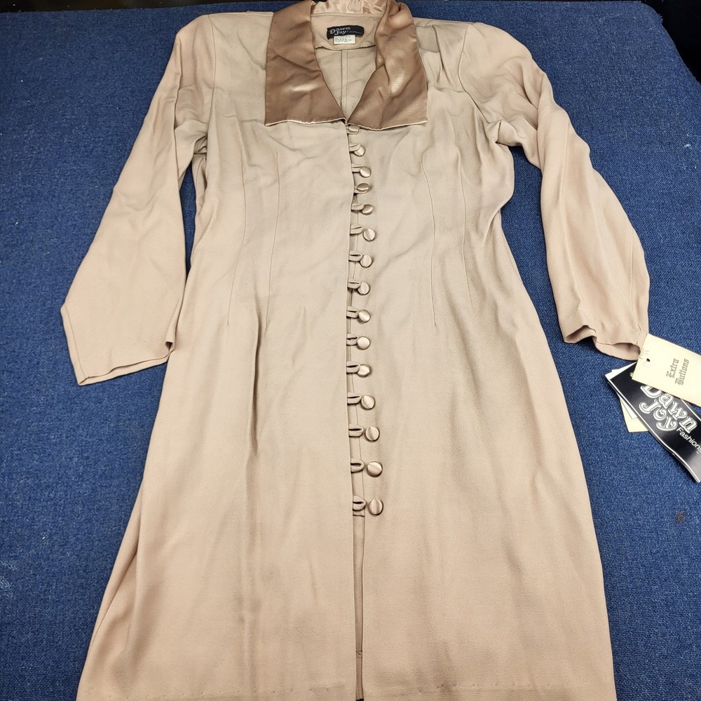 Dawn Joy Fashions VTG 90s Taupe Midi Dress Satin Collar Button Front NWT 13/14